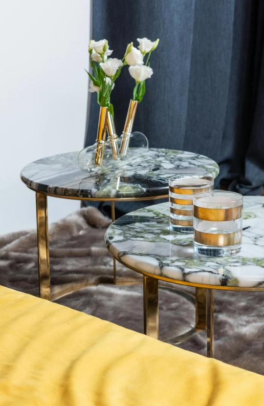 a couple of tables sitting on top of a bed, inspired by Constantin Hansen, baroque, marble and hint gold, up close, glassware, highest quality