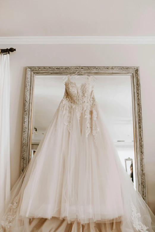 a wedding dress hanging in front of a mirror, by Robbie Trevino, baroque, soft outline, item, belle, frontal view