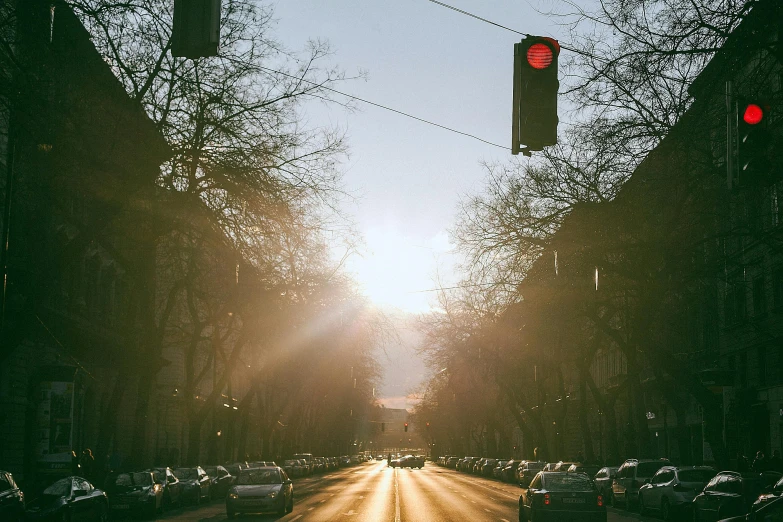 a street filled with lots of traffic next to tall buildings, by Tobias Stimmer, pexels contest winner, sun glare, hannover, small red lights, sunny winter day