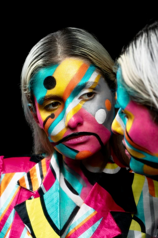 two women with painted faces pose for a picture, a portrait, inspired by Taro Yamamoto, trending on pexels, pop art, photography of albert watson, cmyk portrait, multicolor, square