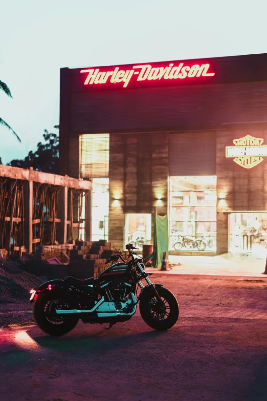 a motorcycle parked in front of a harley davidson store, pexels contest winner, soft neon lighting, profile image, coloured film photography, tourist destination