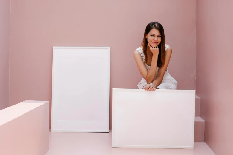 a woman posing for a picture in a pink room, a minimalist painting, whiteboards, white background : 3, white box, signboards