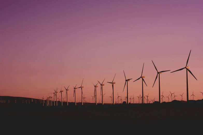 a group of windmills in a field at sunset, by Carey Morris, pexels contest winner, purple tubes, lined up horizontally, screensaver, low-key