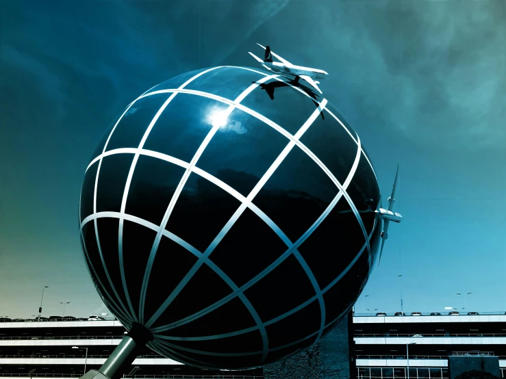 a large jetliner sitting on top of an airport tarmac, an album cover, by Kurt Roesch, pexels contest winner, modernism, glass sphere, geodesic building, black. airports, space elevator