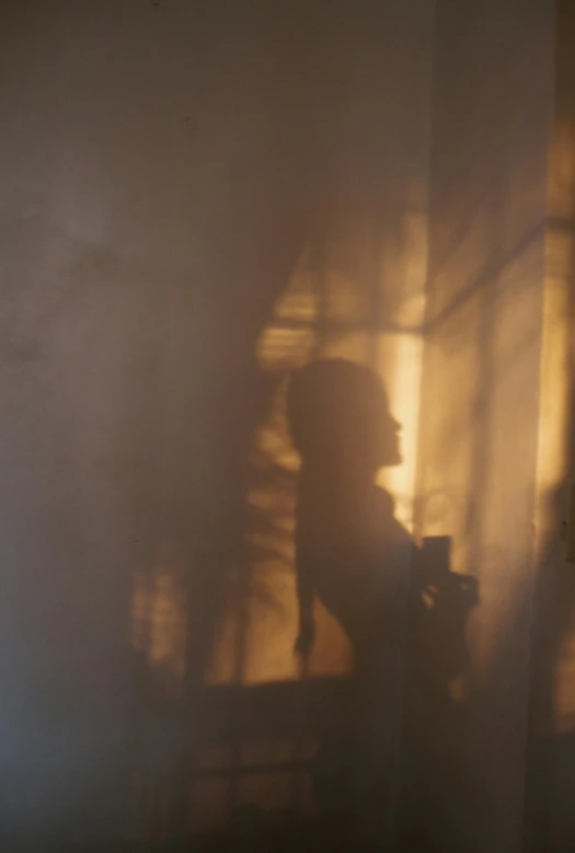 a person that is standing in front of a window, by Steven Belledin, romanticism, volumetric smoke and shadows, sun behind her, documentary still, medium format. soft light