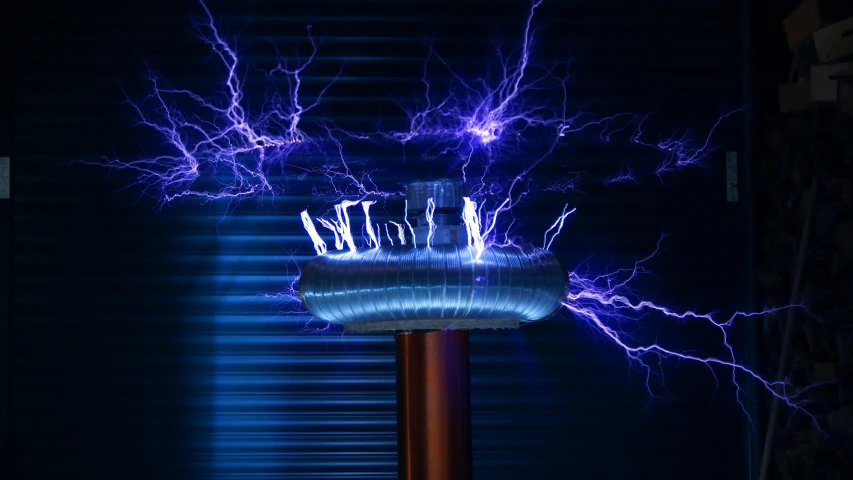 a close up of a pole with lightning coming out of it, a hologram, pexels contest winner, nuclear art, capacitors and coils inside, instagram post, blue energy, miniature product photo