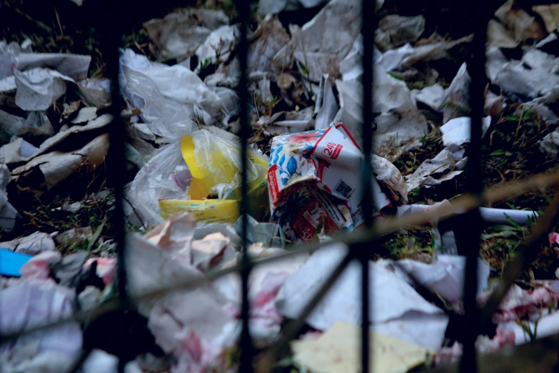 a trash can sitting on top of a pile of trash, a picture, by Adam Marczyński, plasticien, unfocused, a park, torn mesh, soda