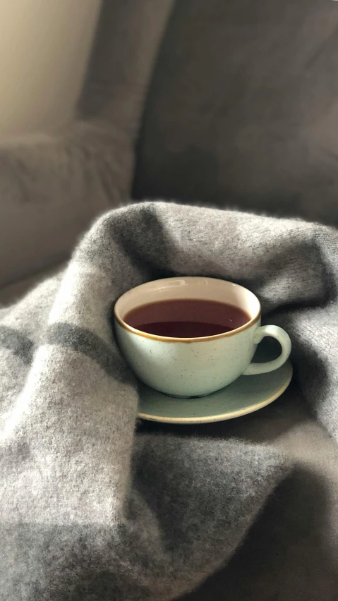 a cup of coffee sitting on top of a saucer, by Rachel Reckitt, instagram, covered with blanket, payne's grey, mint, warm coloured