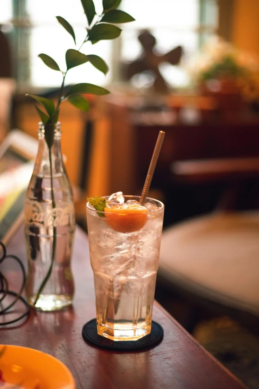 a close up of a plate of food on a table, drinking cocktail, with a straw, natural point rose', sitting at a bar