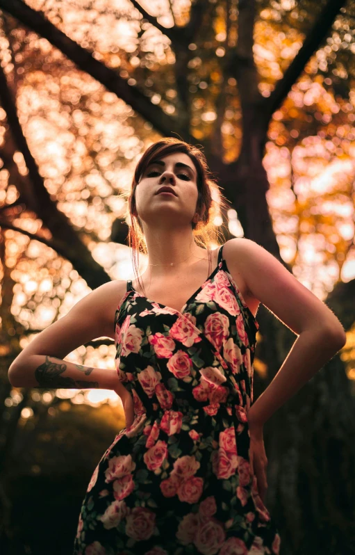 a woman standing in front of a tree with her hands on her hips, inspired by Elsa Bleda, pexels contest winner, renaissance, floral sunset, annoyed, young woman looking up, low quality photo