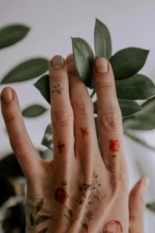 a close up of a person's hand with paint on it, a tattoo, inspired by Elsa Bleda, trending on pexels, botanical herbarium paper, flowers on heir cheeks, dried leaves, skincare