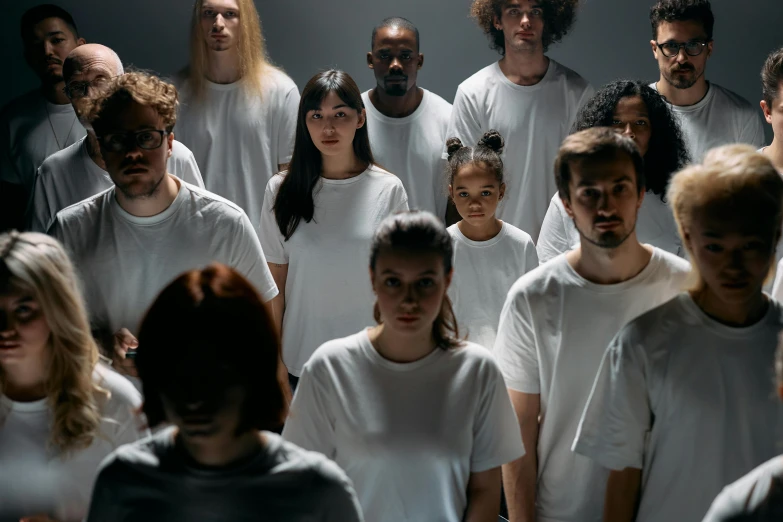 a group of people standing next to each other, inspired by Vanessa Beecroft, pexels contest winner, antipodeans, dressed in a white t-shirt, dystopian lighting, mixed race, choir