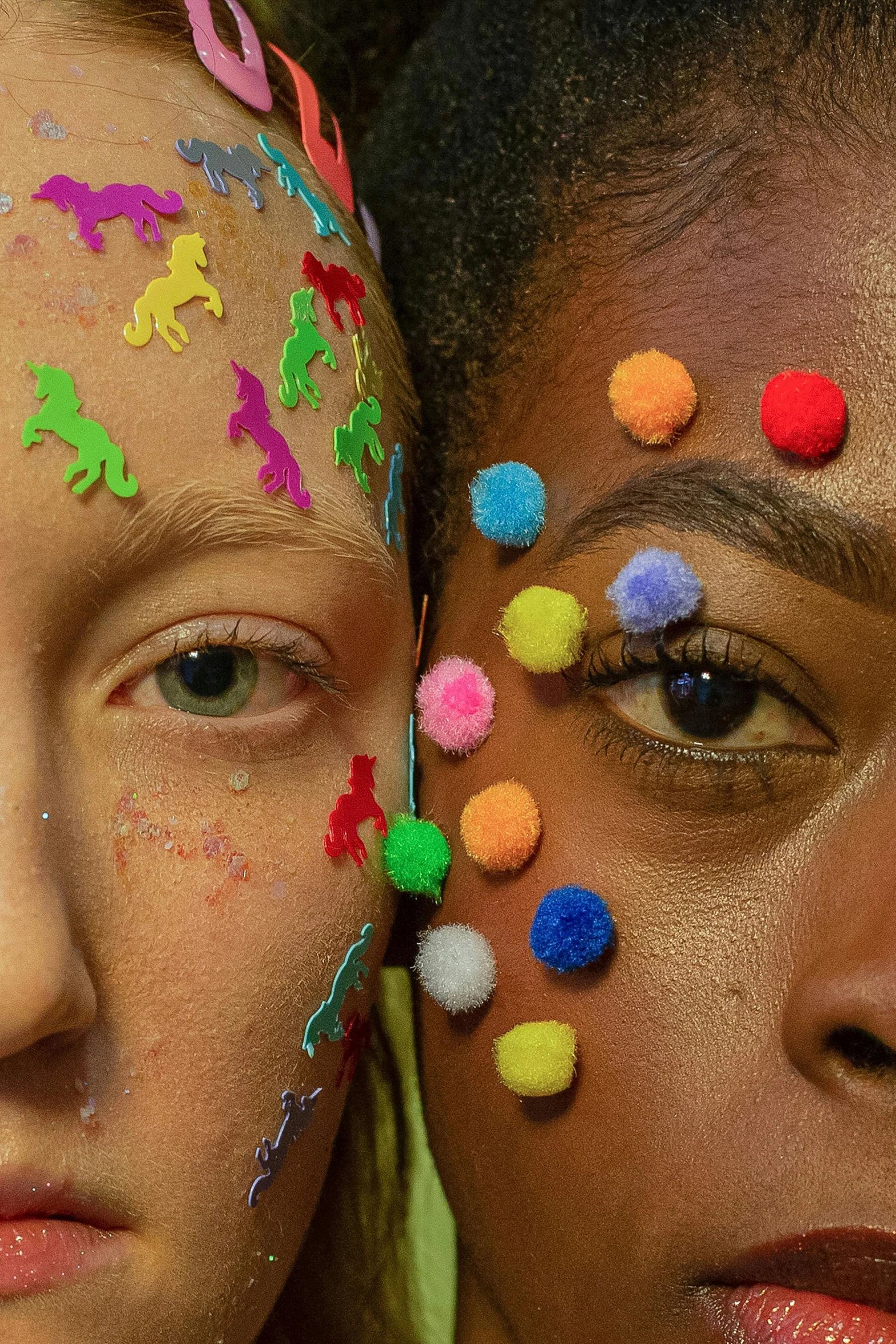 a close up of two girls with face paint, an album cover, colored dots, aida muluneh, balls of light for eyes, filmstill