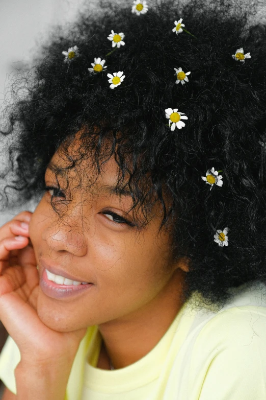 a close up of a person with a flower in their hair, sza, chamomile, modeled, ready to model