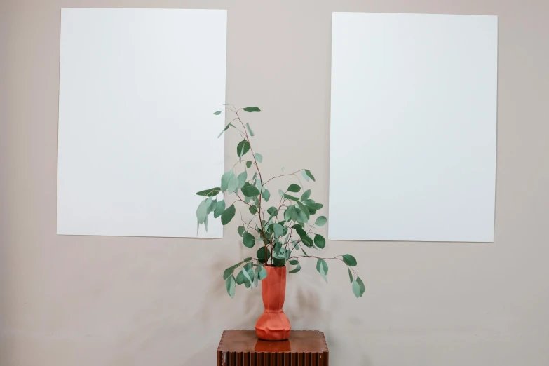 a red vase sitting on top of a wooden table, a minimalist painting, by Harvey Quaytman, unsplash, large vines, diptych, whiteboards, 144x144 canvas