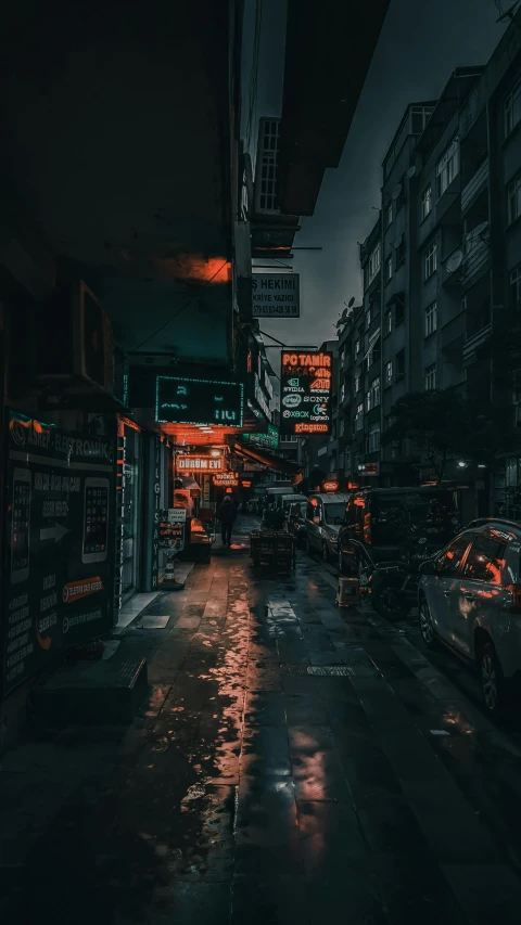 a city street at night with cars parked on the side of the road, cyberpunk art, by Beeple, unsplash contest winner, rainy and gloomy atmosphere, kowloon walled city style, ( ( cyberpunk ) ), cyberpunk photo