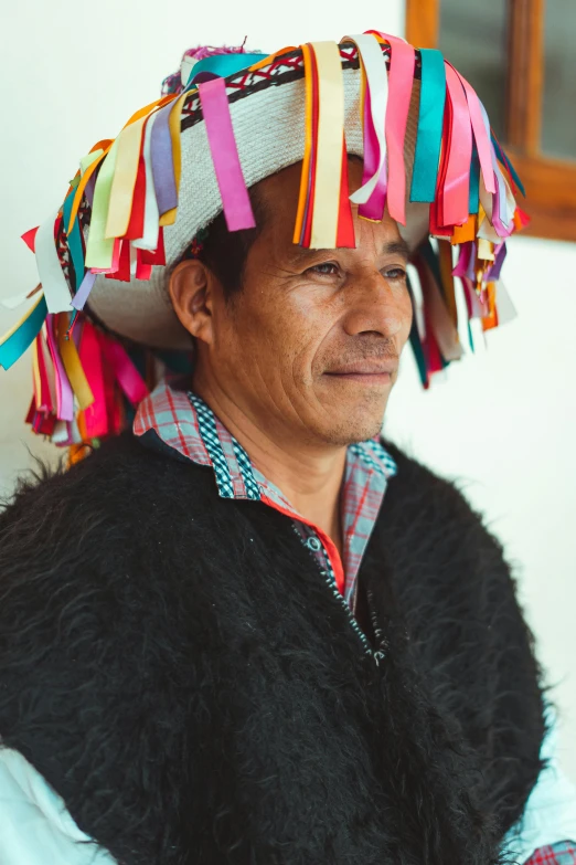 a man with a colorful hat on his head, pacal votan, multiple stories, traditional clothing, slide show