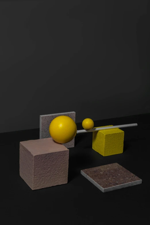 a yellow ball sitting on top of a wooden block, an abstract sculpture, inspired by Bauhaus, rendered with substance designer, still life photo of a backdrop, behance lemanoosh, concrete )