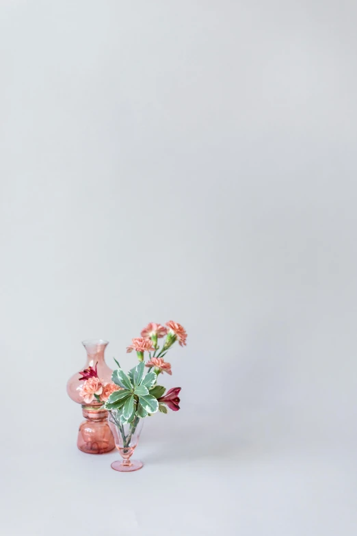 a vase filled with pink flowers sitting on top of a table, unsplash, plain background, low quality photo, glass, pastel'