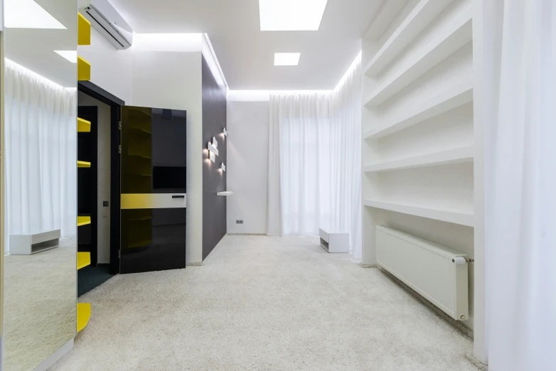 the hallway is clean and ready for us to use, a 3D render, by Adam Marczyński, unsplash contest winner, light and space, white and yellow scheme, neo kyiv, carpeted floor, minimalist home office