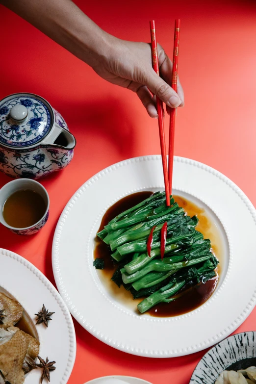 a person holding chopsticks over a plate of food, inspired by Lu Guang, greens, cheongsam, hong kong, place setting