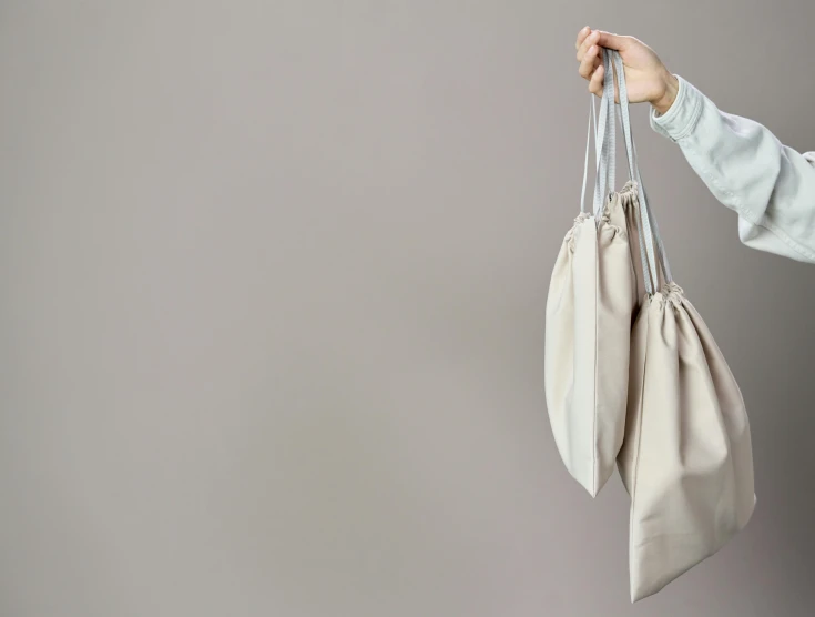 a person holding two bags in their hands, inspired by Sarah Lucas, unsplash, minimalism, silver，ivory, taupe, baggy, bows