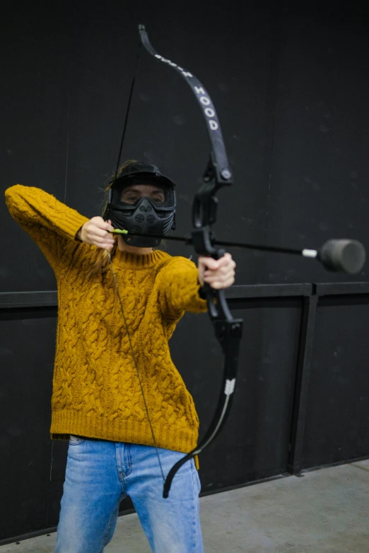 a man holding a bow and wearing a gas mask, softair arena landscape, student, black, rectangle