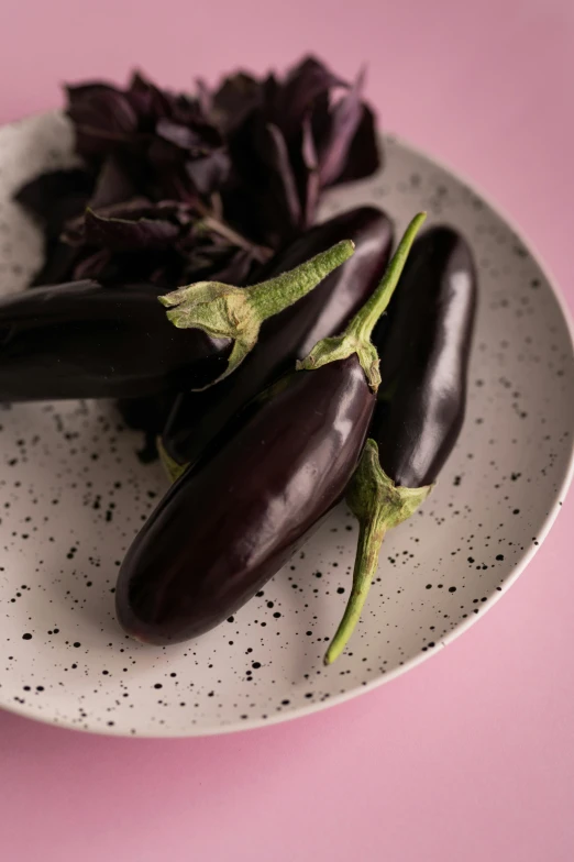 a plate with eggplant and lettuce on it, a picture, by Carey Morris, unsplash, renaissance, ((purple)), black, made of glazed, big pods