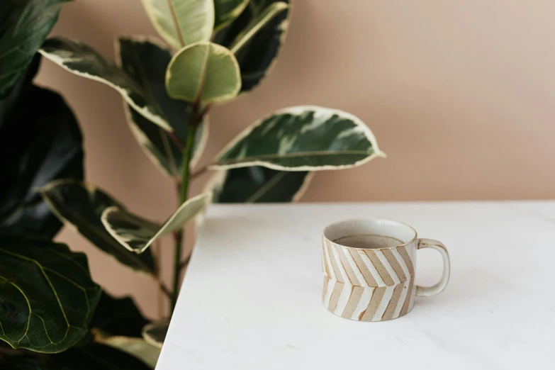 a coffee cup sitting on top of a table next to a plant, a marble sculpture, inspired by Agnes Martin, featured on pinterest, wild foliage, close-up product photo, patterned, vanilla