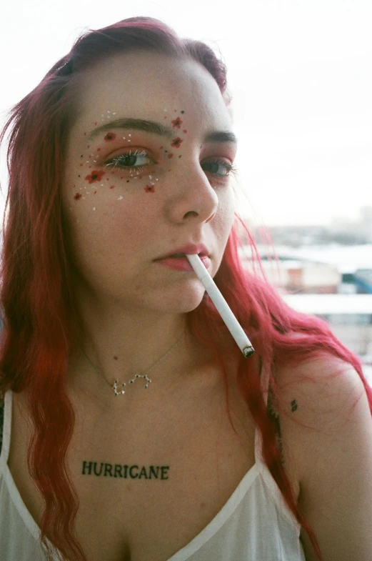 a woman with blood all over her face and a cigarette in her mouth, inspired by Elsa Bleda, trending on pexels, renaissance, bright red hair, white freckles, fireworks, movie still of a tired