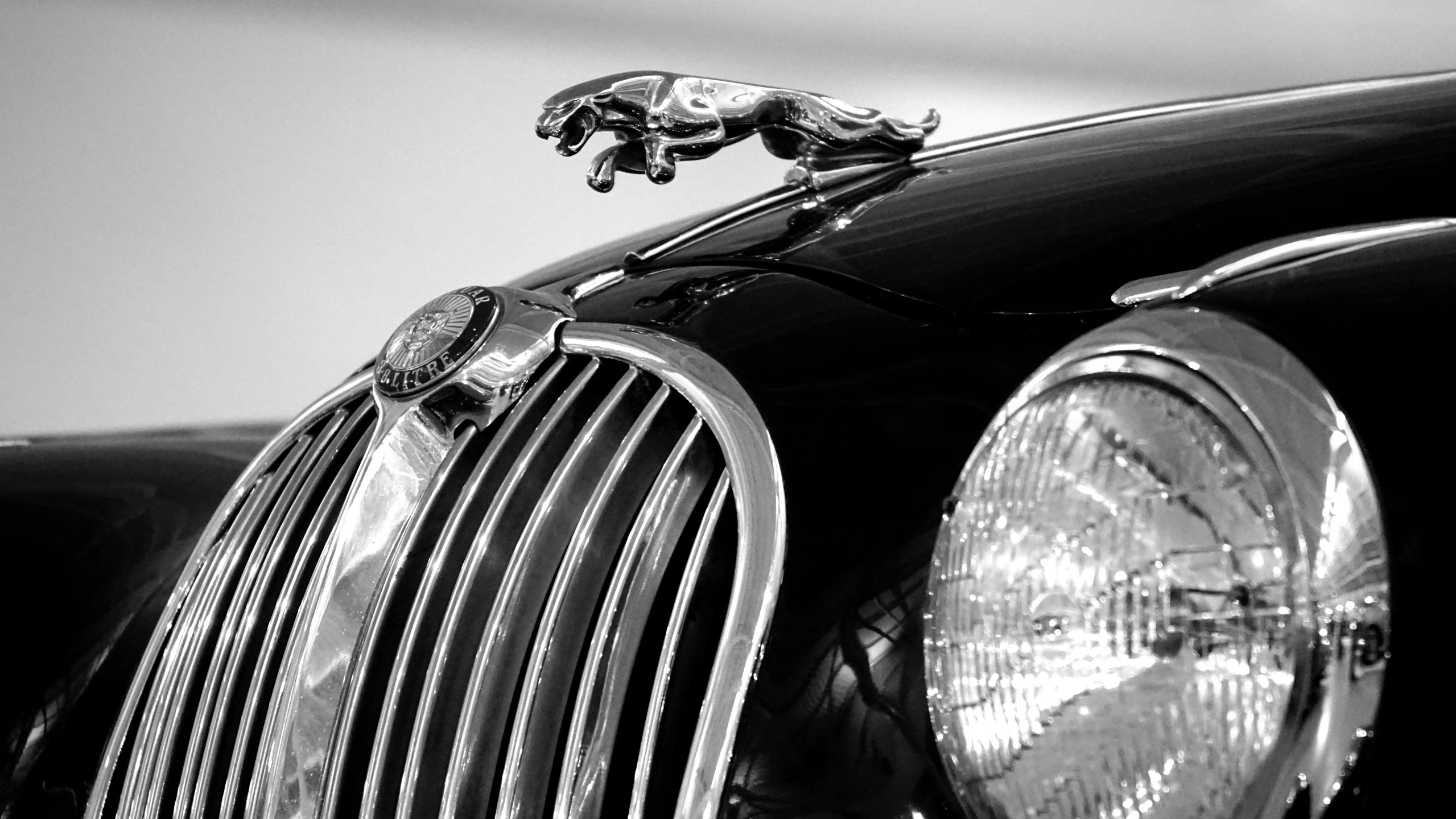 a black and white photo of a classic car, by Jay Hambidge, pexels contest winner, photorealism, the smooth black jaguar, detailed claws, chrome plated, taken in the late 2000s