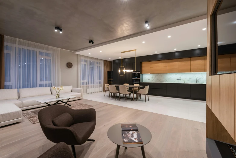 a living room filled with furniture and a flat screen tv, by Adam Marczyński, pexels contest winner, light and space, luxury bespoke kitchen design, sand - colored walls, big open floor 8 k, simple ceiling