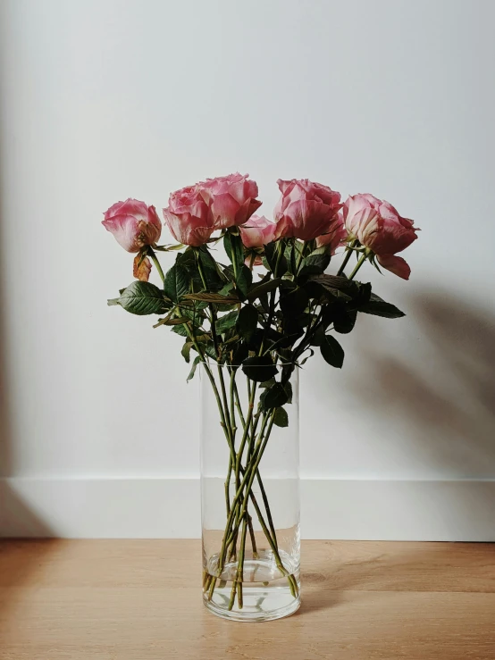 a vase filled with pink roses on top of a wooden table, unsplash, plants in glass vase, no cropping, tall, low detailed