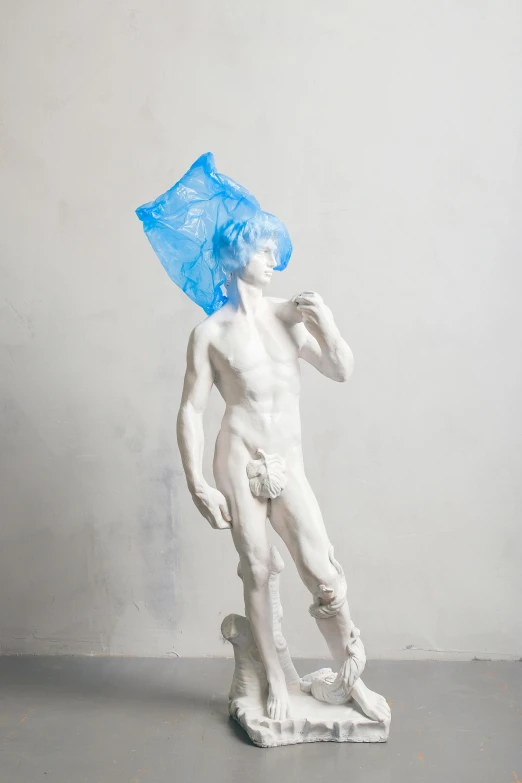 a statue of a man with a blue bag on his head, inspired by Giovanni Battista Tiepolo, reddit, conceptual art, plastic wrap, white porcelain skin, teenage boy, vivid)