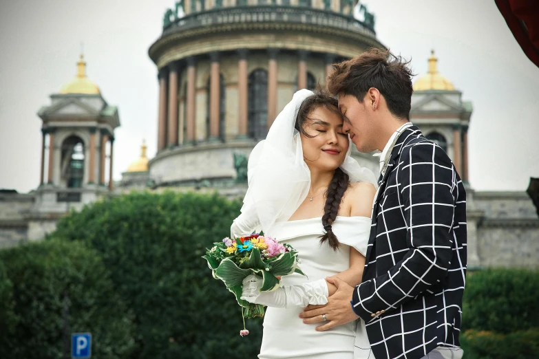 a man and a woman standing next to each other, a photo, by Julia Pishtar, pexels contest winner, saint petersburg, ao dai, bouquet, promo image