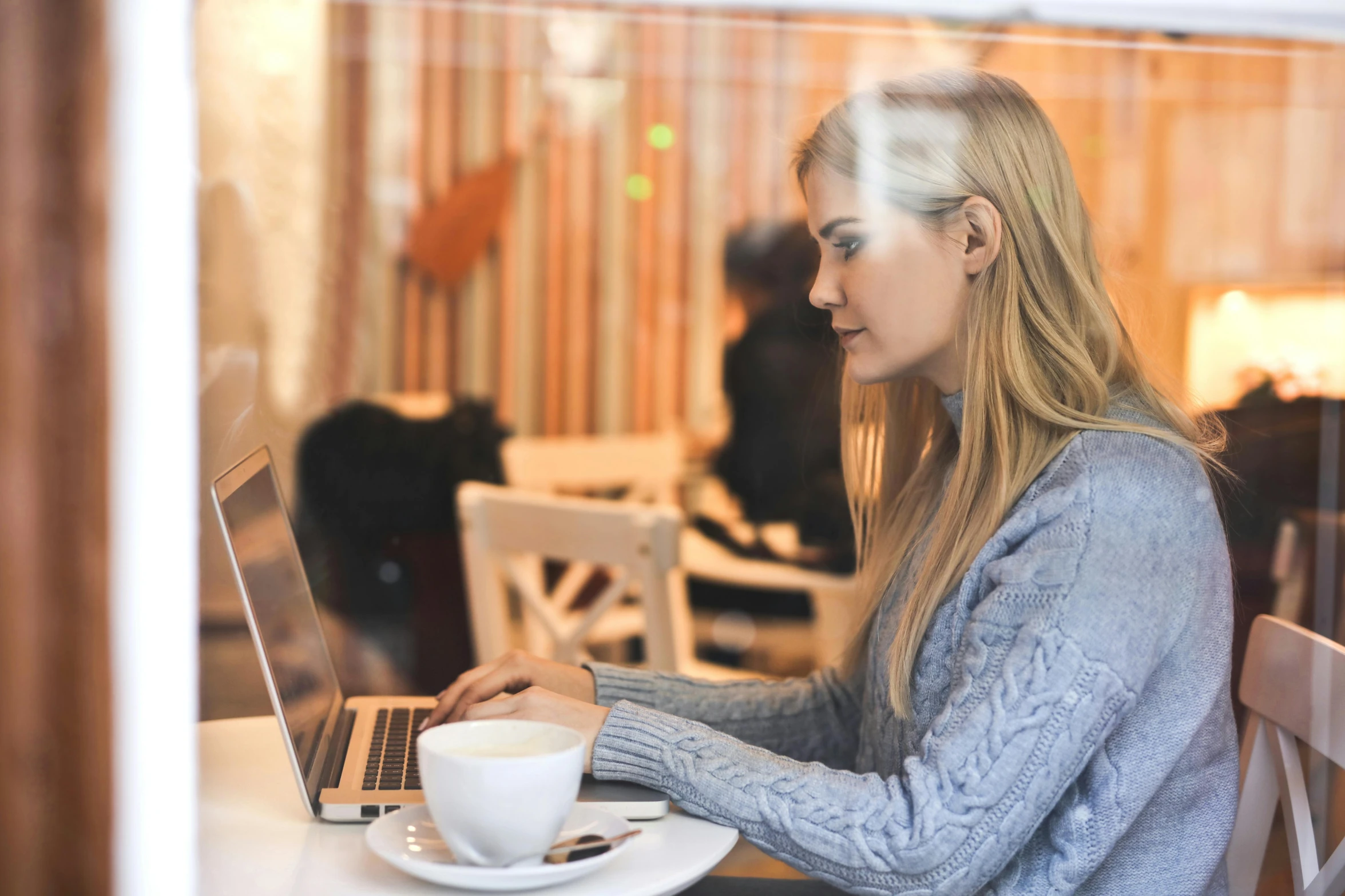 a woman sitting at a table using a laptop computer, by Sebastian Vrancx, trending on unsplash, cozy cafe background, profile image, a blond, chilly