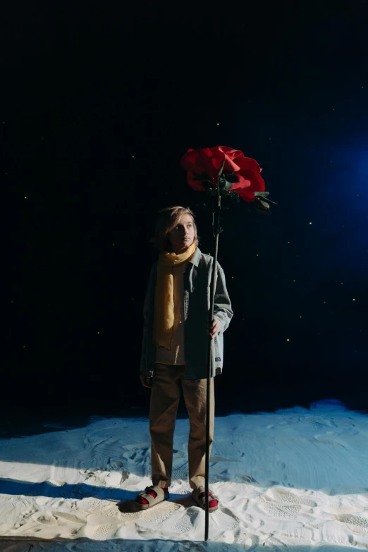 a man standing in the snow with a rose in his hand, an album cover, unsplash, magical realism, teenage boy, in the cosmos, production still, under a spotlight