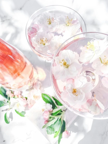 a couple of wine glasses sitting on top of a table, a digital rendering, by Isabel Naftel, trending on unsplash, romanticism, blossom sakura, 🍸🍋, persephone in spring, instagram story