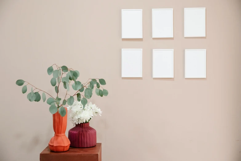 a couple of vases sitting on top of a wooden table, a minimalist painting, pexels contest winner, square pictureframes, eucalyptus, pink color palette, red ocher