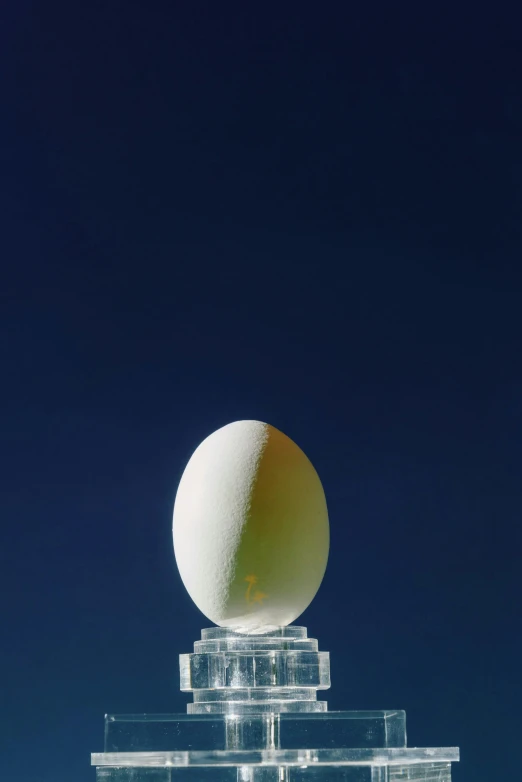 a white egg sitting on top of a clear pedestal, by Doug Ohlson, renaissance, 1999 photograph, solar, ..', flight