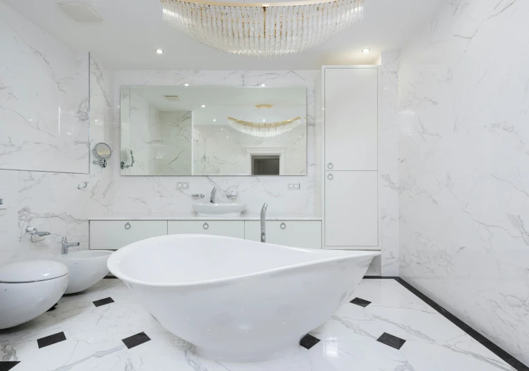 a white bath tub sitting under a chandelier in a bathroom, a marble sculpture, inspired by Patrick Pietropoli, pexels contest winner, luxury bespoke kitchen design, wide high angle view, white pearlescent, no tiling