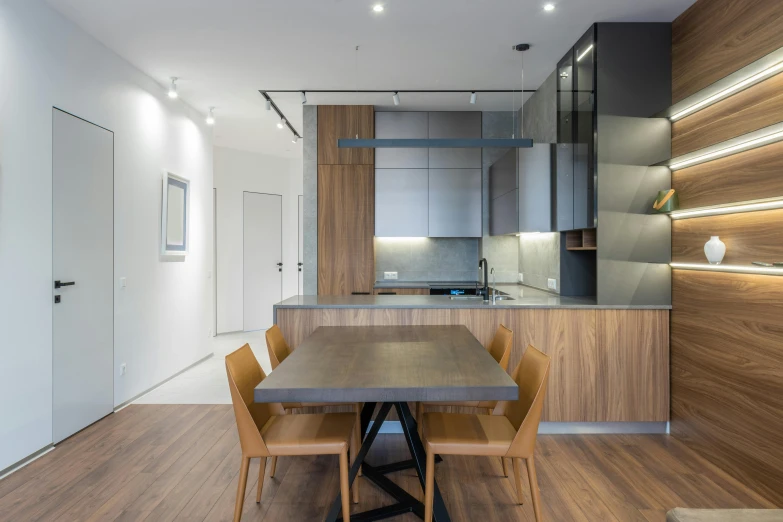 a kitchen with a table and chairs in it, by Adam Marczyński, light and space, modern, multi-part, location in a apartment, lat lighting