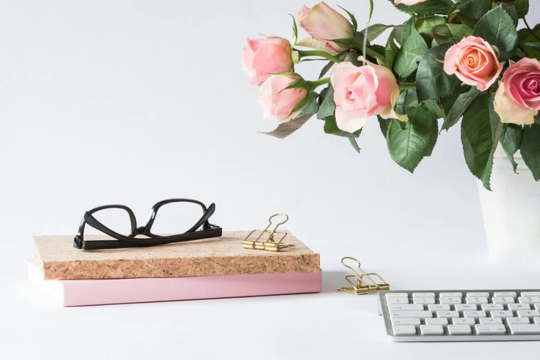 a white vase filled with pink roses next to a keyboard, inspired by Annie Rose Laing, trending on unsplash, private press, square rimmed glasses, with a wooden stuff, wearing gold glasses, set against a white background