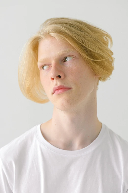 a close up of a person wearing a white shirt, an album cover, by Lasar Segall, albino white pale skin, japanese model, trending photo, prominent jawline