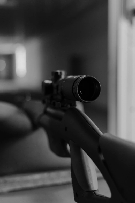 a rifle sitting on top of a table next to a window, a black and white photo, unsplash, realism, night vision very blurry, profile picture 1024px, in game, close up head shot