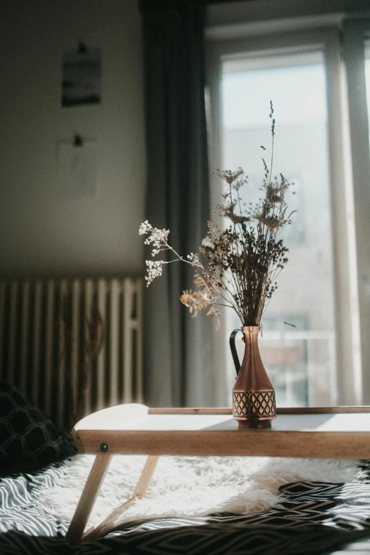 a vase filled with flowers sitting on top of a wooden table, pexels contest winner, light and space, brown color palette, natural light in room, early morning, instagram post