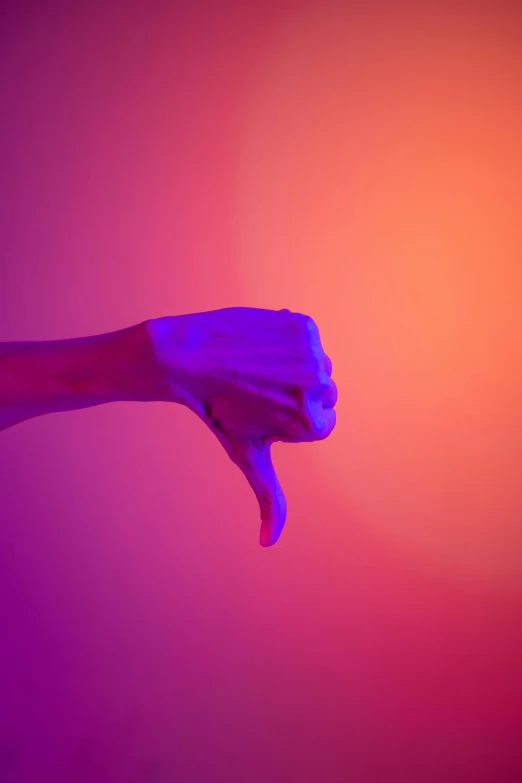 a close up of a person's hand giving a thumbs up, a picture, by James Warhola, synchromism, red purple gradient, disappointed, orange and blue, instagram post