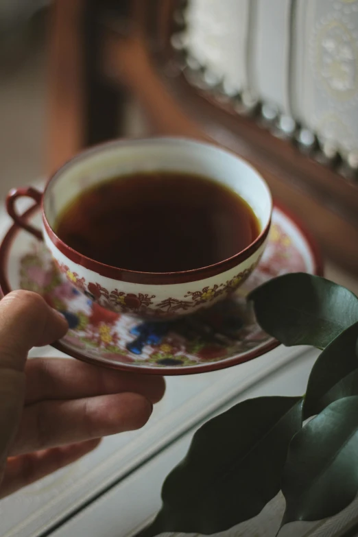 a person holding a cup of tea on a saucer, inspired by Elsa Bleda, trending on unsplash, art nouveau, brown, eucalyptus, vintage photo, manuka