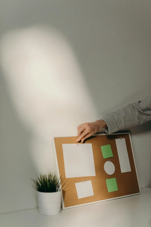 a man holding a piece of paper next to a potted plant, an album cover, trending on pexels, visual art, whiteboards, back light, knolling, architectural painting