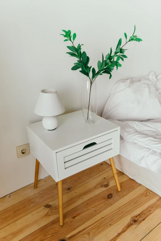 a white bed sitting on top of a wooden floor, next to a plant, on a white table, detailed product image, furniture